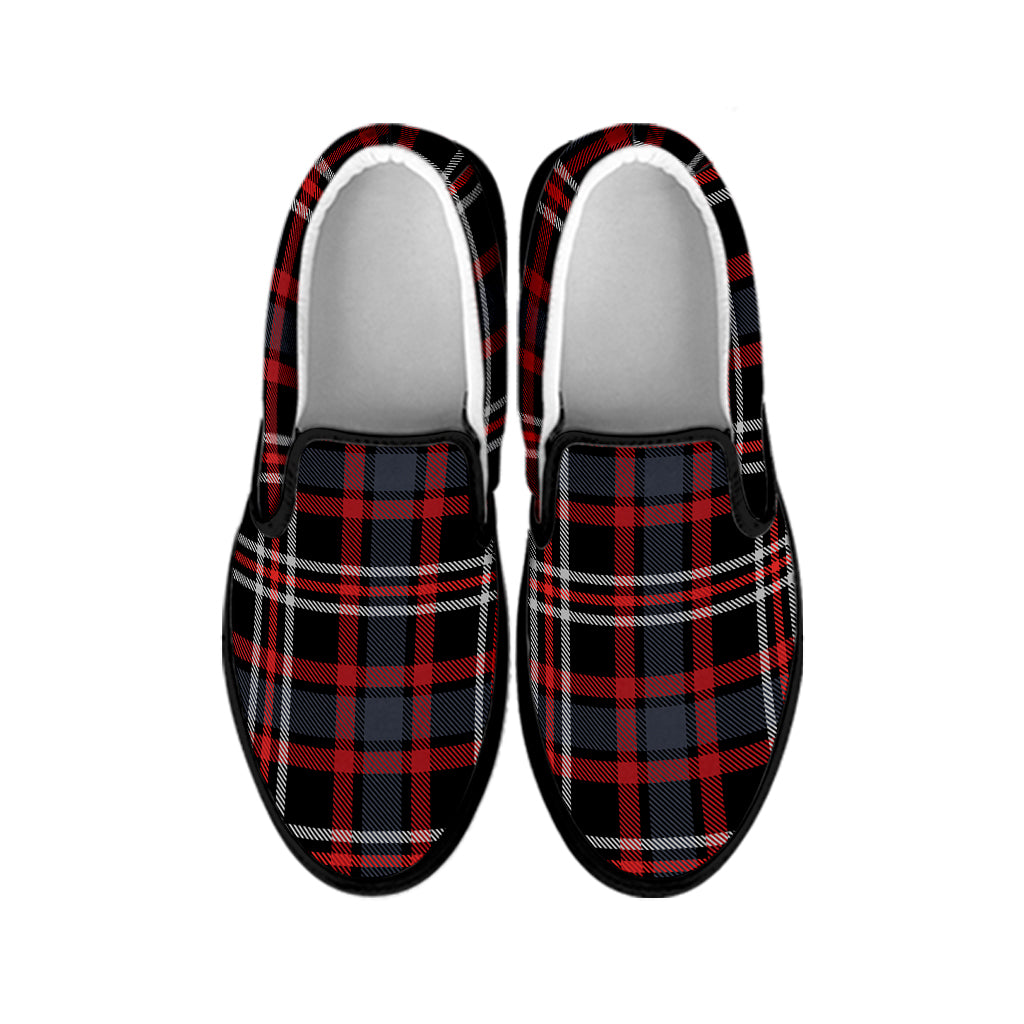 Grey Black And Red Scottish Plaid Print Black Slip On Shoes