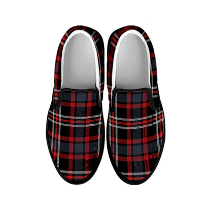 Grey Black And Red Scottish Plaid Print Black Slip On Shoes