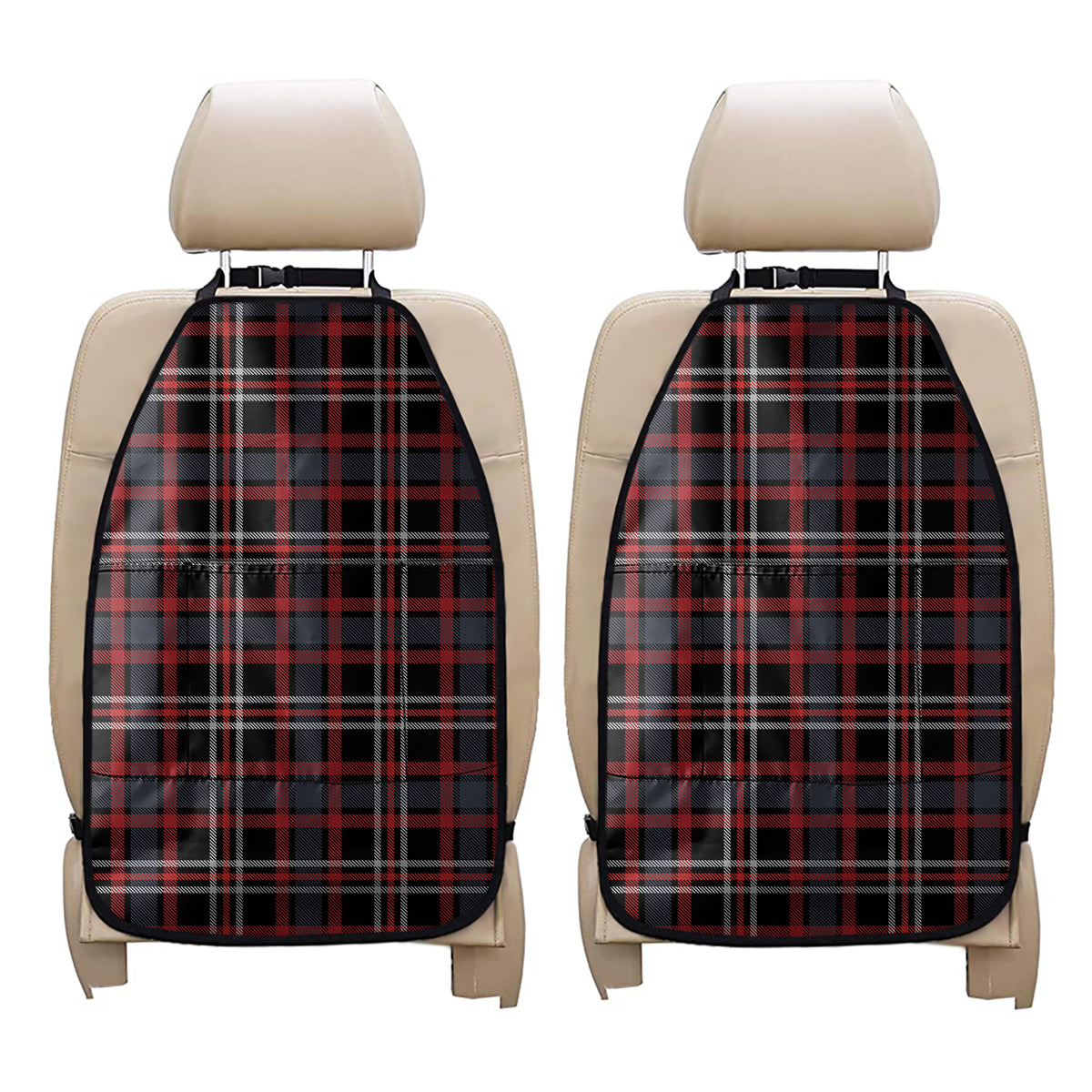 Grey Black And Red Scottish Plaid Print Car Seat Organizers