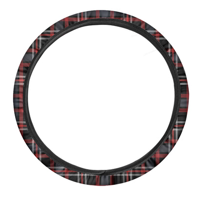 Grey Black And Red Scottish Plaid Print Car Steering Wheel Cover