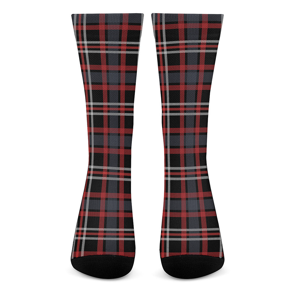 Grey Black And Red Scottish Plaid Print Crew Socks