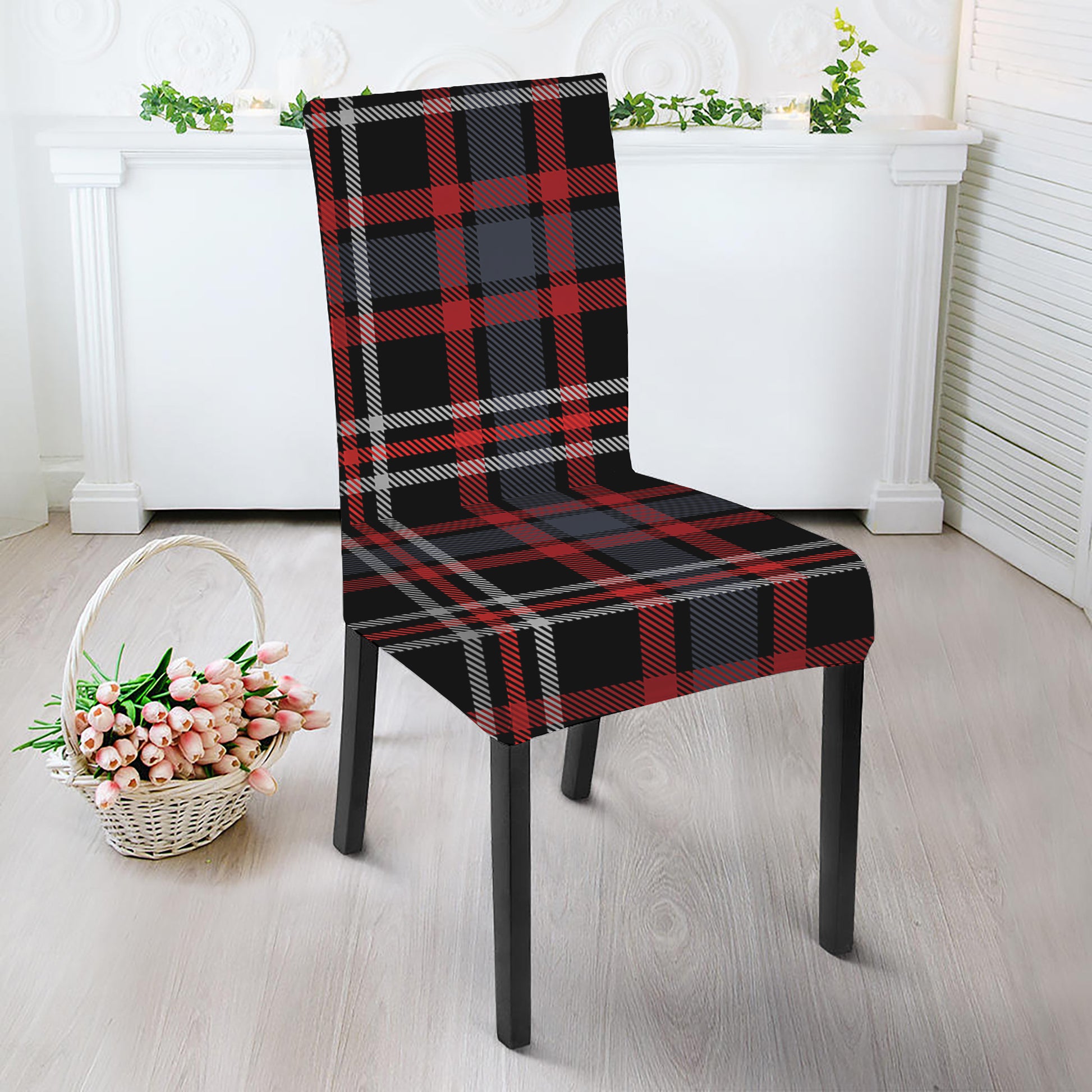 Grey Black And Red Scottish Plaid Print Dining Chair Slipcover