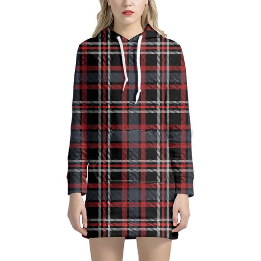 Grey Black And Red Scottish Plaid Print Hoodie Dress