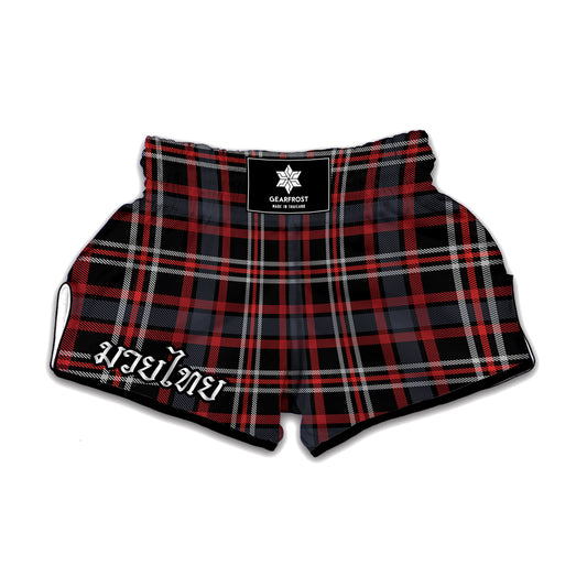 Grey Black And Red Scottish Plaid Print Muay Thai Boxing Shorts