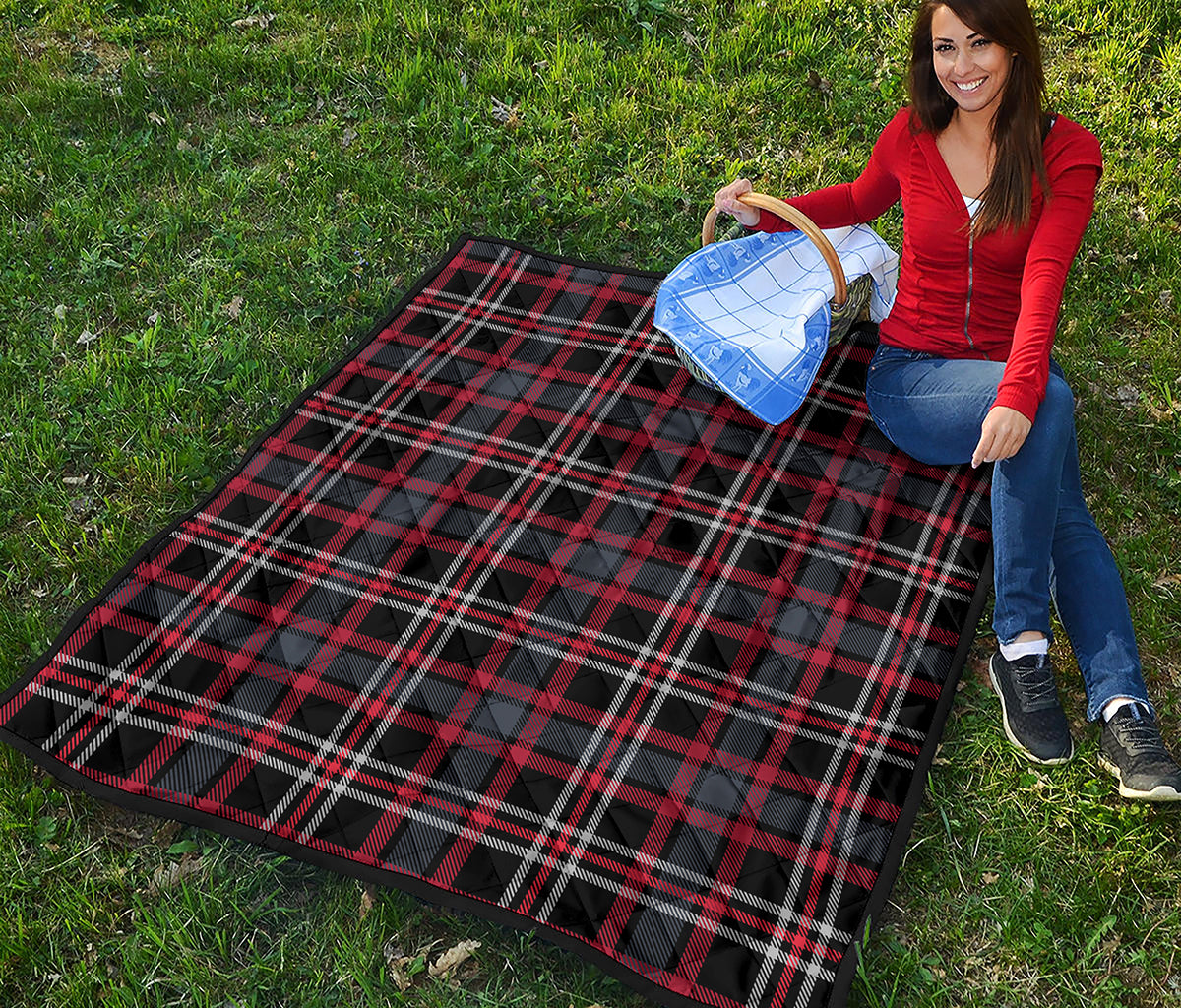 Grey Black And Red Scottish Plaid Print Quilt