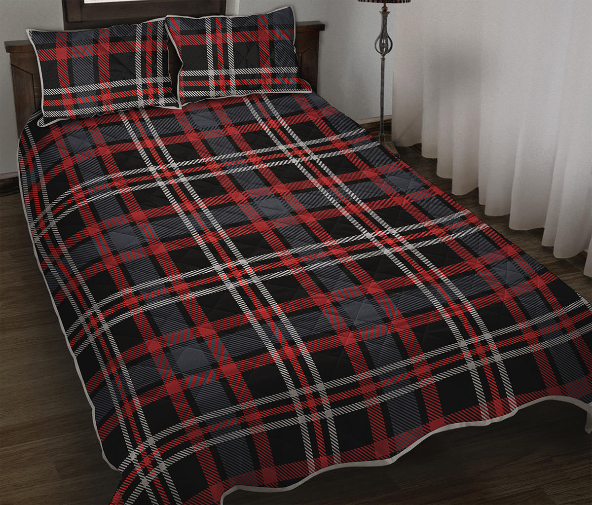 Grey Black And Red Scottish Plaid Print Quilt Bed Set