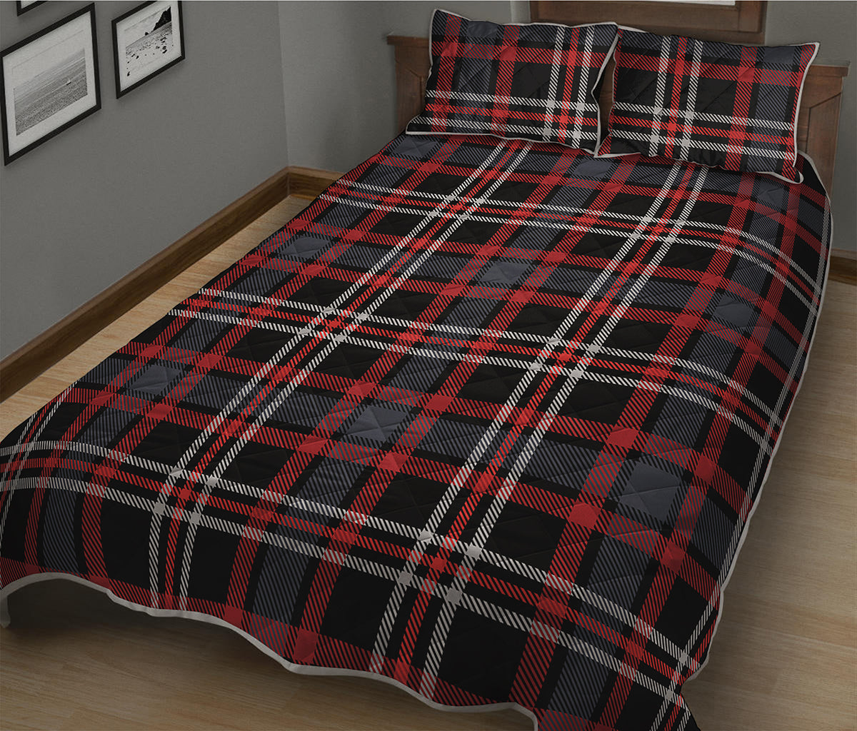 Grey Black And Red Scottish Plaid Print Quilt Bed Set