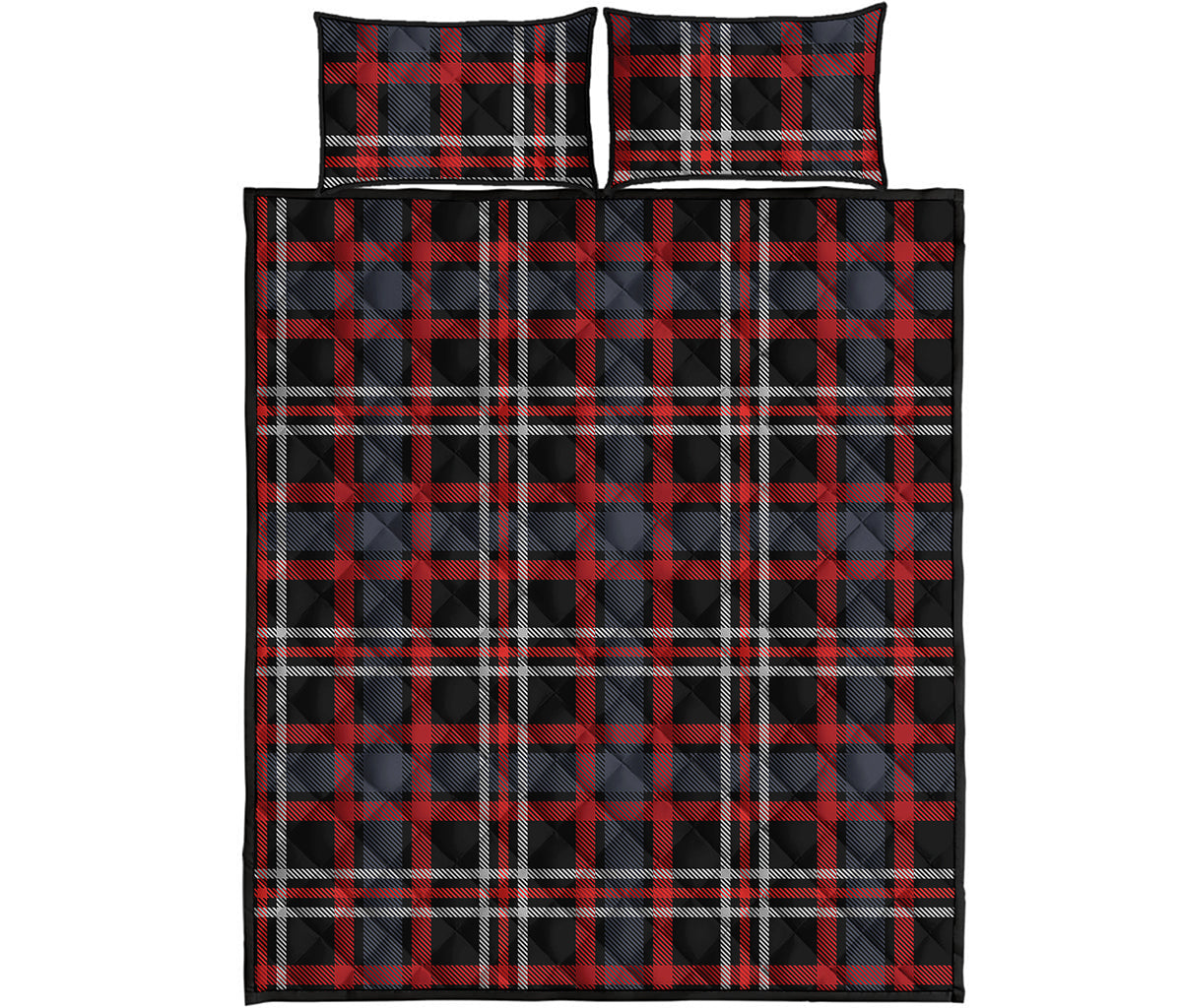 Grey Black And Red Scottish Plaid Print Quilt Bed Set