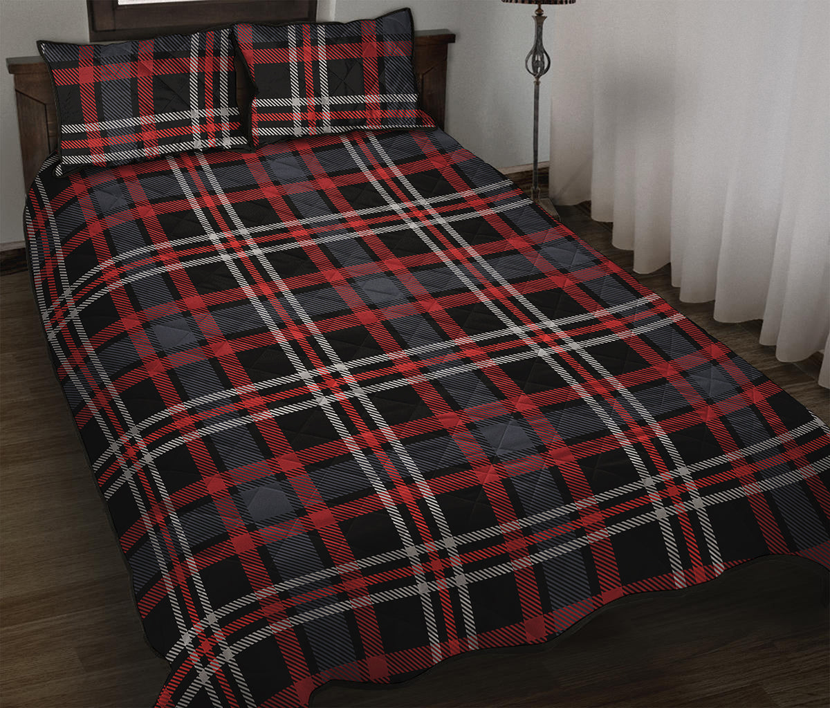 Grey Black And Red Scottish Plaid Print Quilt Bed Set