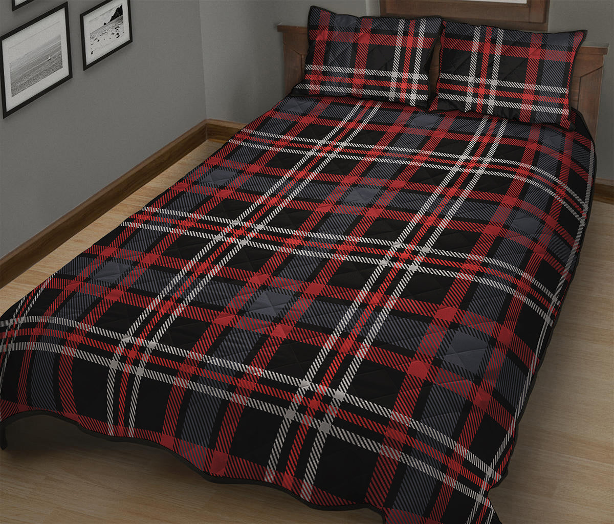 Grey Black And Red Scottish Plaid Print Quilt Bed Set