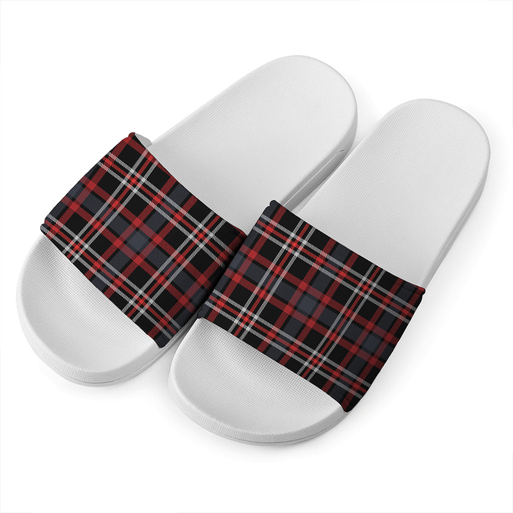 Grey Black And Red Scottish Plaid Print White Slide Sandals