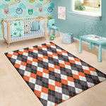 Grey Black Orange And White Argyle Print Area Rug