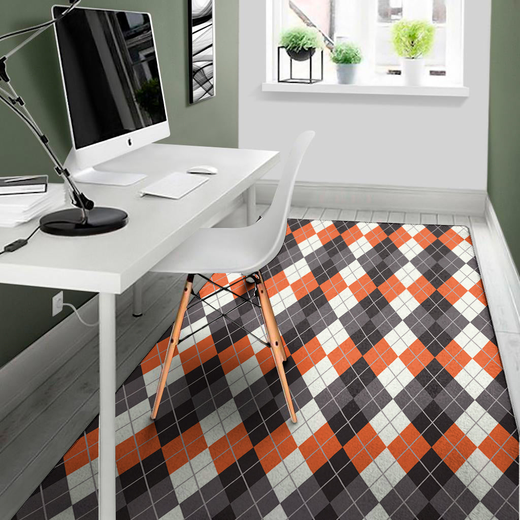Grey Black Orange And White Argyle Print Area Rug