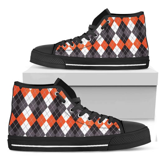 Grey Black Orange And White Argyle Print Black High Top Shoes