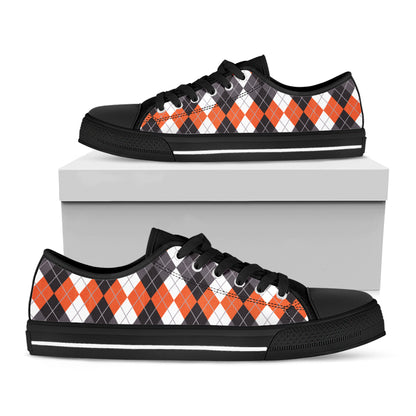 Grey Black Orange And White Argyle Print Black Low Top Shoes
