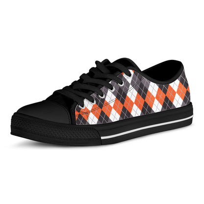 Grey Black Orange And White Argyle Print Black Low Top Shoes