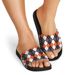 Grey Black Orange And White Argyle Print Black Slide Sandals