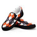Grey Black Orange And White Argyle Print Black Slip On Sneakers