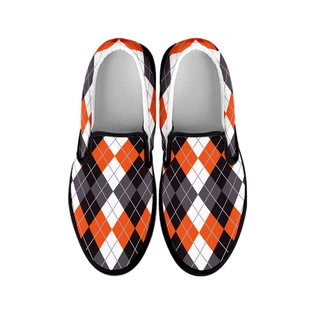 Grey Black Orange And White Argyle Print Black Slip On Shoes