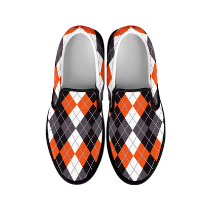 Grey Black Orange And White Argyle Print Black Slip On Shoes
