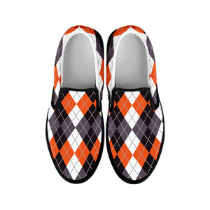 Grey Black Orange And White Argyle Print Black Slip On Shoes