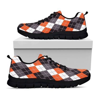 Grey Black Orange And White Argyle Print Black Sneakers