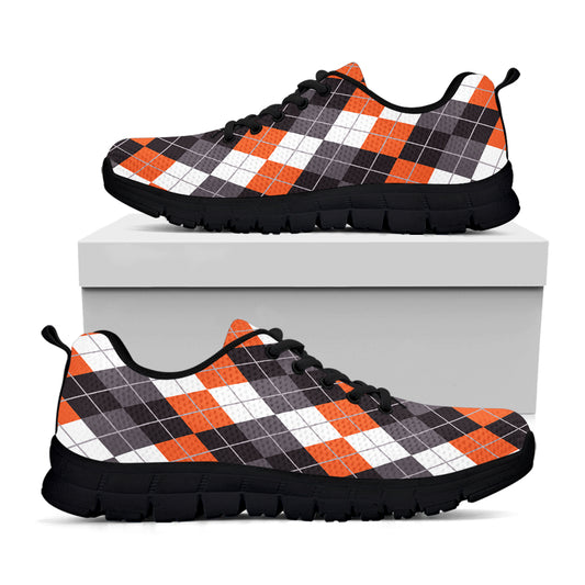 Grey Black Orange And White Argyle Print Black Sneakers