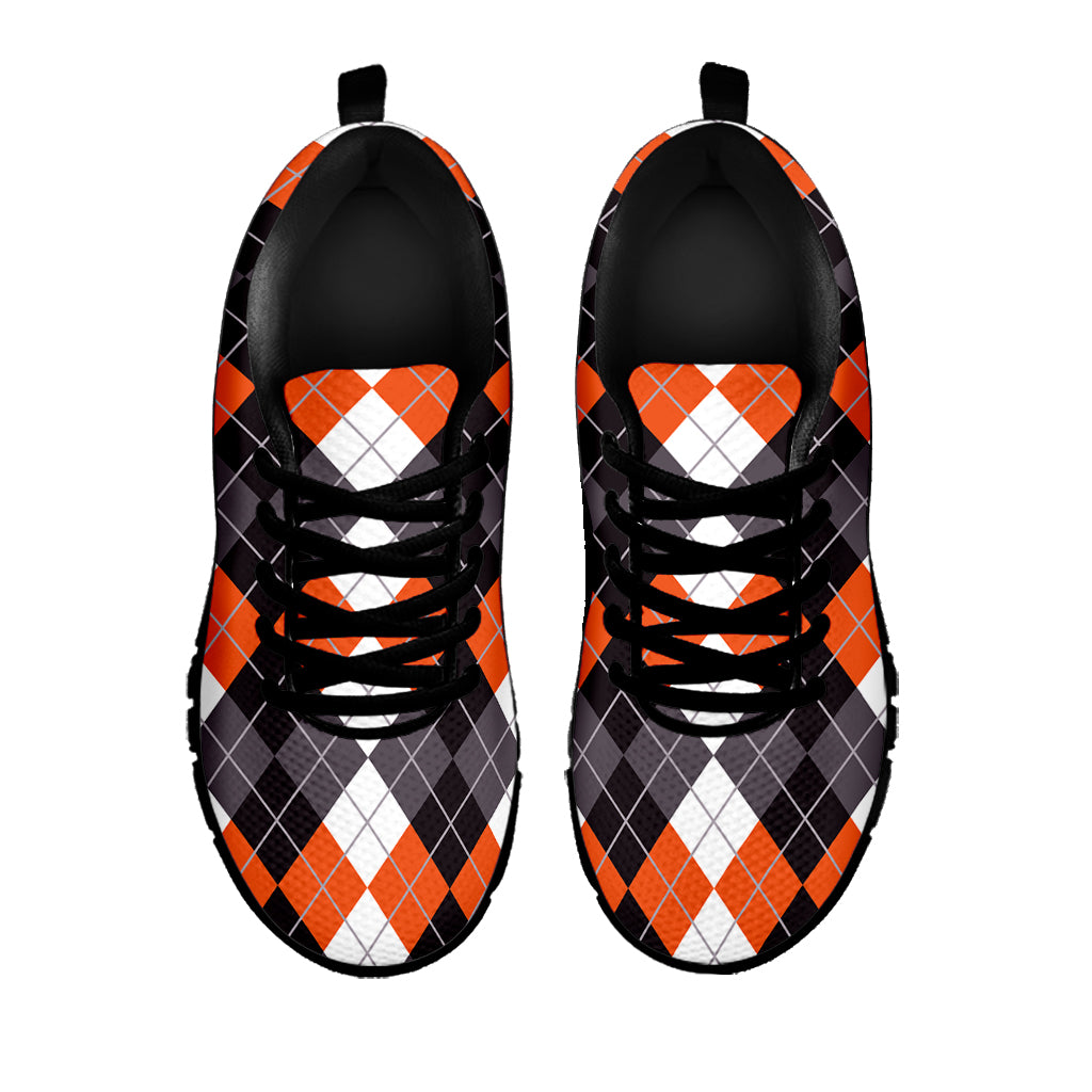 Grey Black Orange And White Argyle Print Black Sneakers