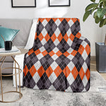 Grey Black Orange And White Argyle Print Blanket