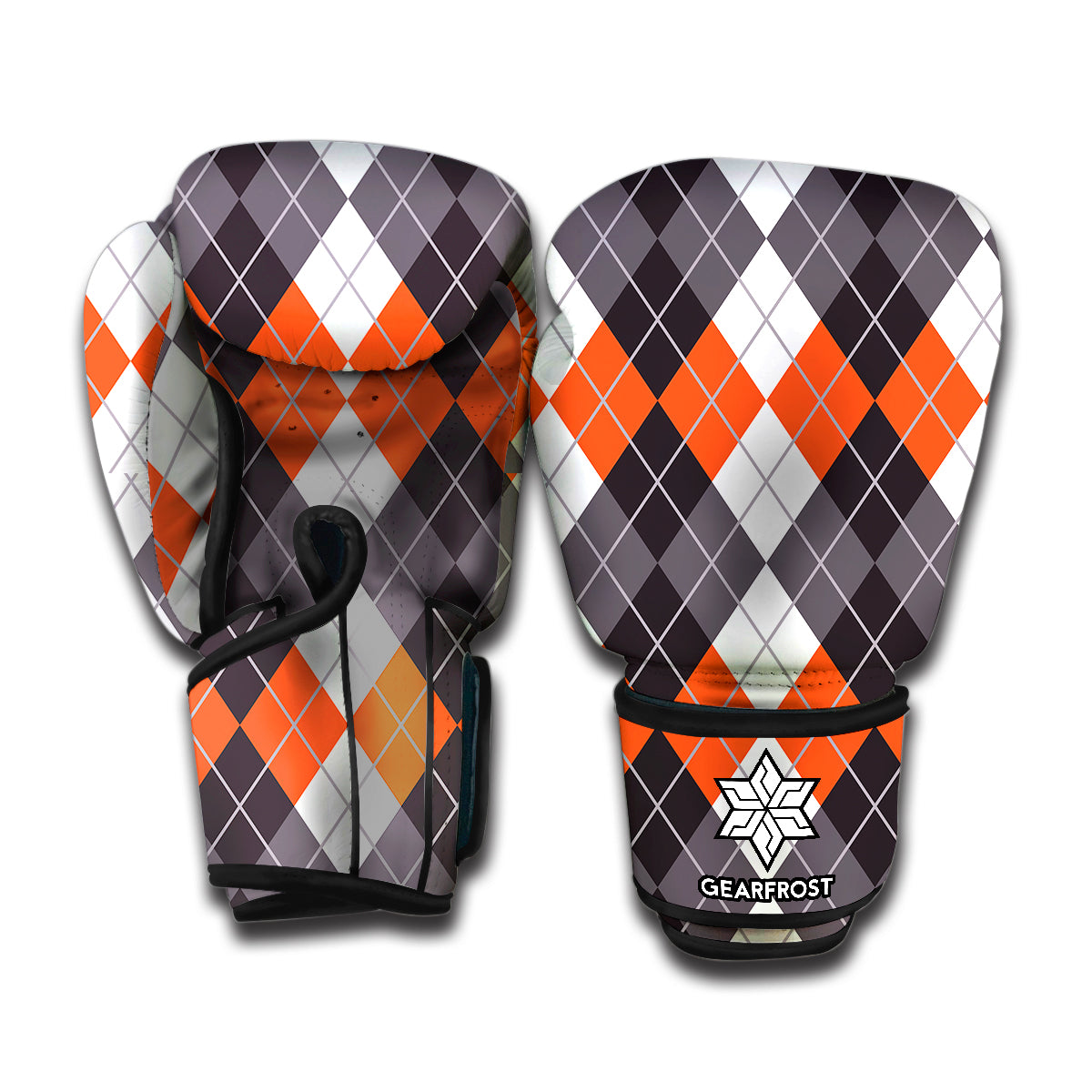 Grey Black Orange And White Argyle Print Boxing Gloves
