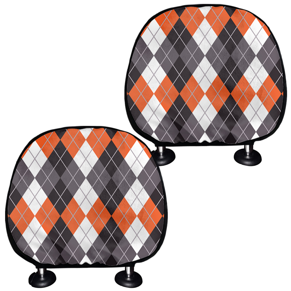 Grey Black Orange And White Argyle Print Car Headrest Covers