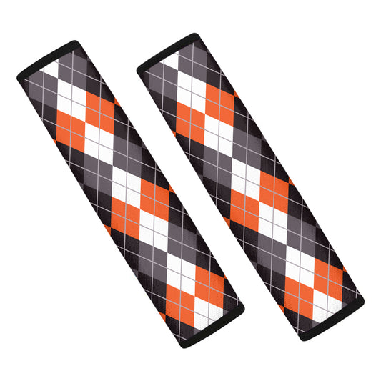 Grey Black Orange And White Argyle Print Car Seat Belt Covers