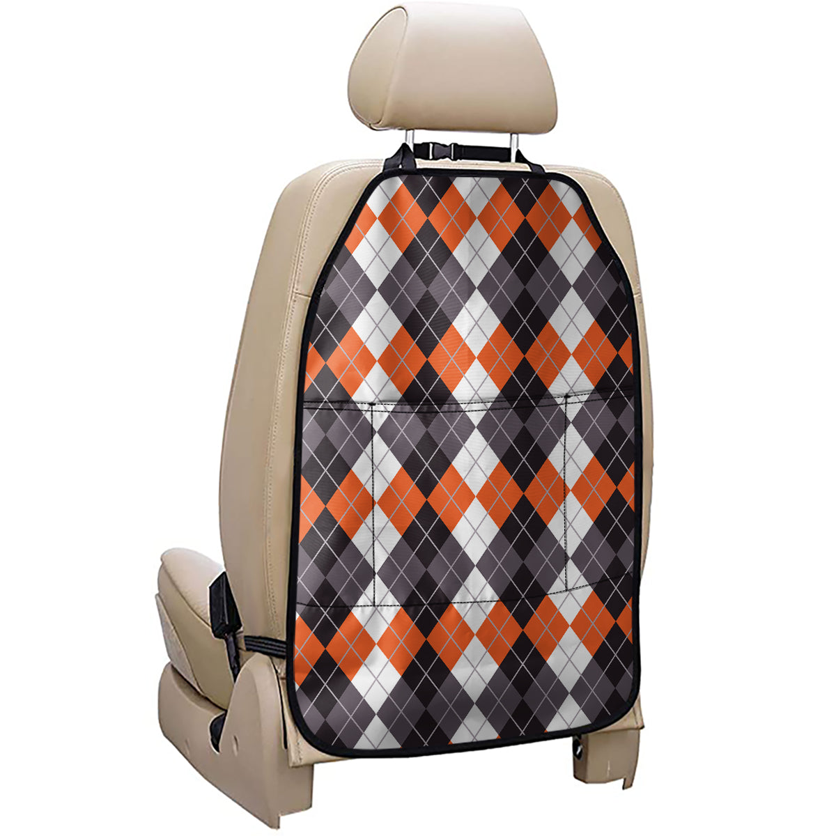 Grey Black Orange And White Argyle Print Car Seat Organizers