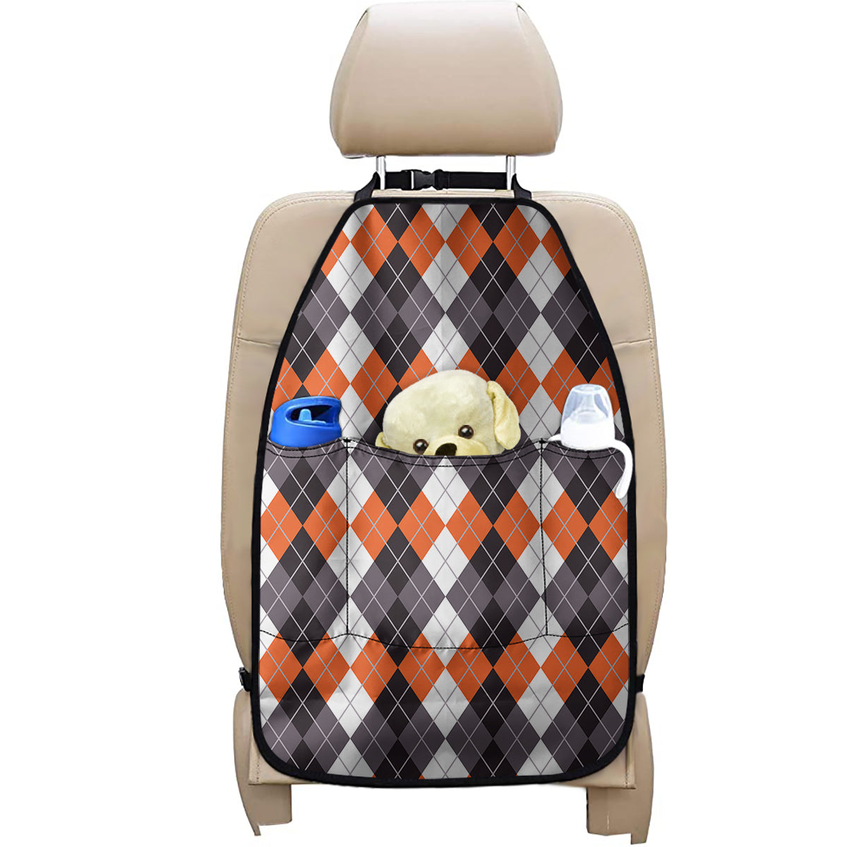 Grey Black Orange And White Argyle Print Car Seat Organizers