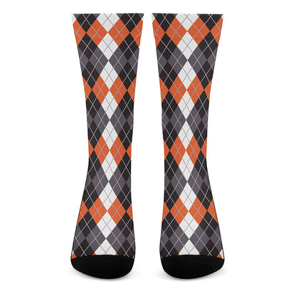 Grey Black Orange And White Argyle Print Crew Socks