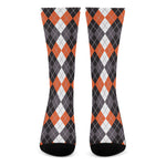 Grey Black Orange And White Argyle Print Crew Socks