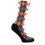 Grey Black Orange And White Argyle Print Crew Socks