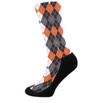 Grey Black Orange And White Argyle Print Crew Socks