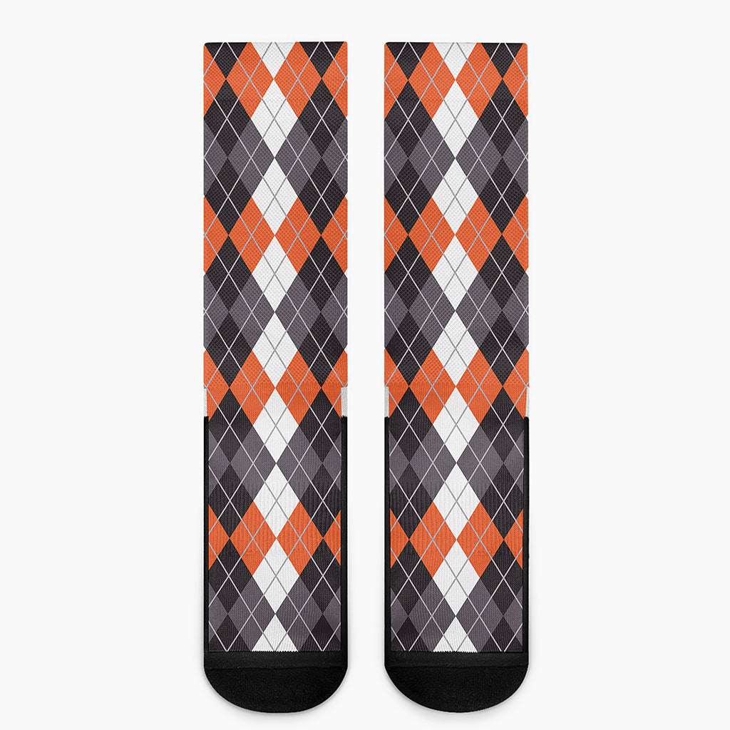 Grey Black Orange And White Argyle Print Crew Socks