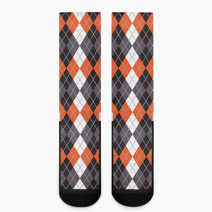 Grey Black Orange And White Argyle Print Crew Socks