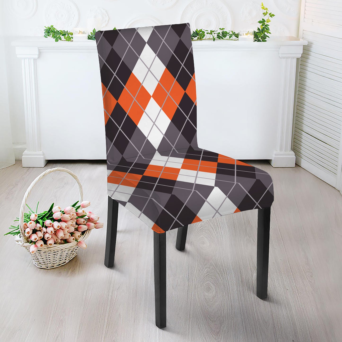 Grey Black Orange And White Argyle Print Dining Chair Slipcover