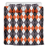 Grey Black Orange And White Argyle Print Duvet Cover Bedding Set