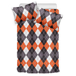 Grey Black Orange And White Argyle Print Duvet Cover Bedding Set