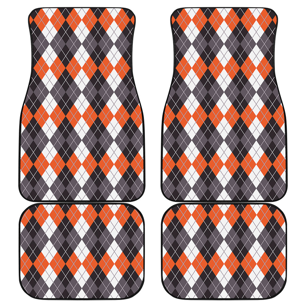 Grey Black Orange And White Argyle Print Front and Back Car Floor Mats