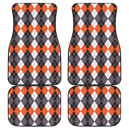 Grey Black Orange And White Argyle Print Front and Back Car Floor Mats