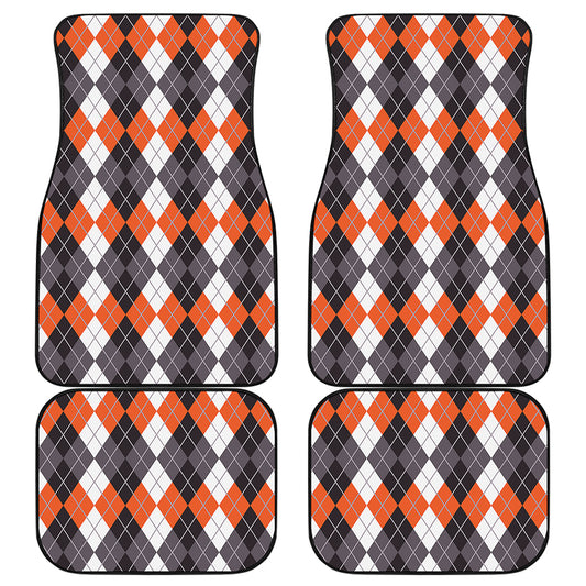 Grey Black Orange And White Argyle Print Front and Back Car Floor Mats