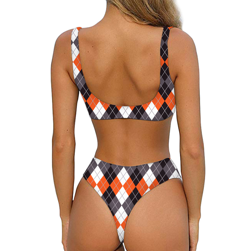 Grey Black Orange And White Argyle Print Front Bow Tie Bikini