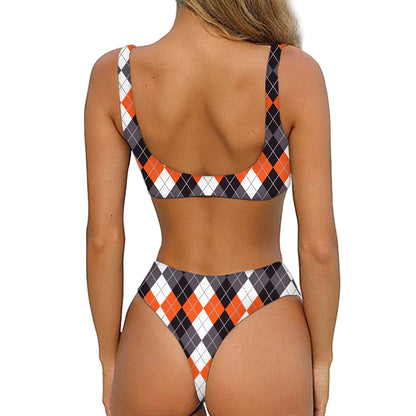 Grey Black Orange And White Argyle Print Front Bow Tie Bikini