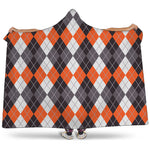 Grey Black Orange And White Argyle Print Hooded Blanket