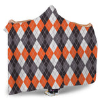 Grey Black Orange And White Argyle Print Hooded Blanket